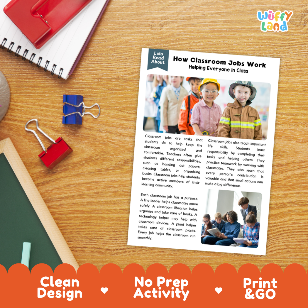 Printable student worksheet with short-answer reading comprehension questions covering classroom jobs and community