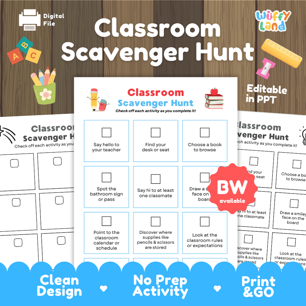 Classroom Scavenger Hunt Back to School Activity Sheet Editable in PPT