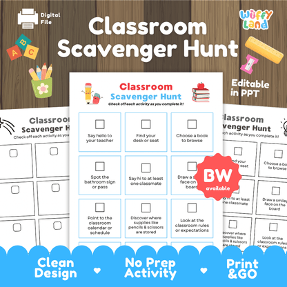 Classroom Scavenger Hunt Back to School Activity Sheet Editable in PPT