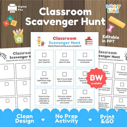 Classroom Scavenger Hunt Back to School Activity Sheet Editable in PPT
