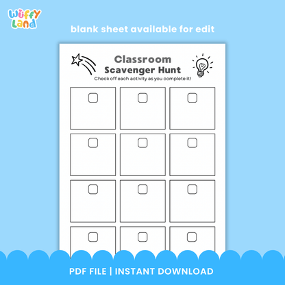 Classroom Scavenger Hunt Back to School Activity Sheet Editable in PPT