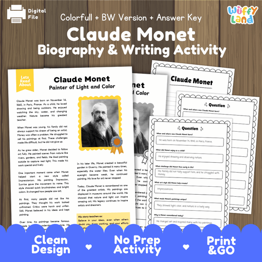 Claude Monet biography reading comprehension worksheets with nonfiction passage, comprehension questions, writing activity and answer key for students