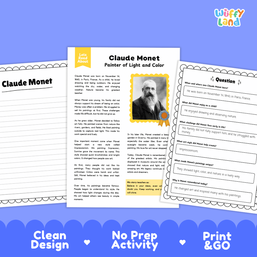 Claude Monet Biography Reading Passage and Writing Activity Worksheets