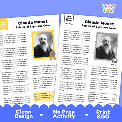 Claude Monet Biography Reading Passage and Writing Activity Worksheets