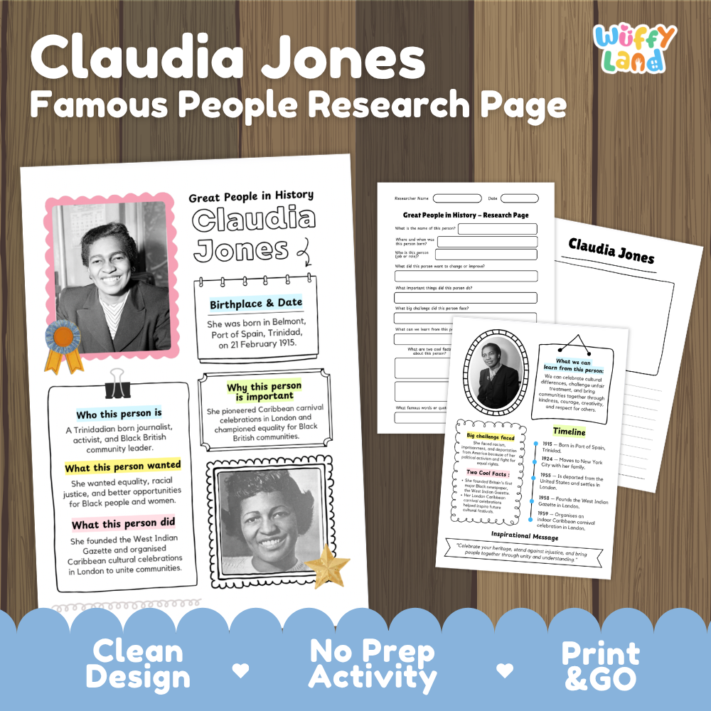 Claudia Jones famous people research page cover showing printable biographical worksheets, summary cards, and timelines