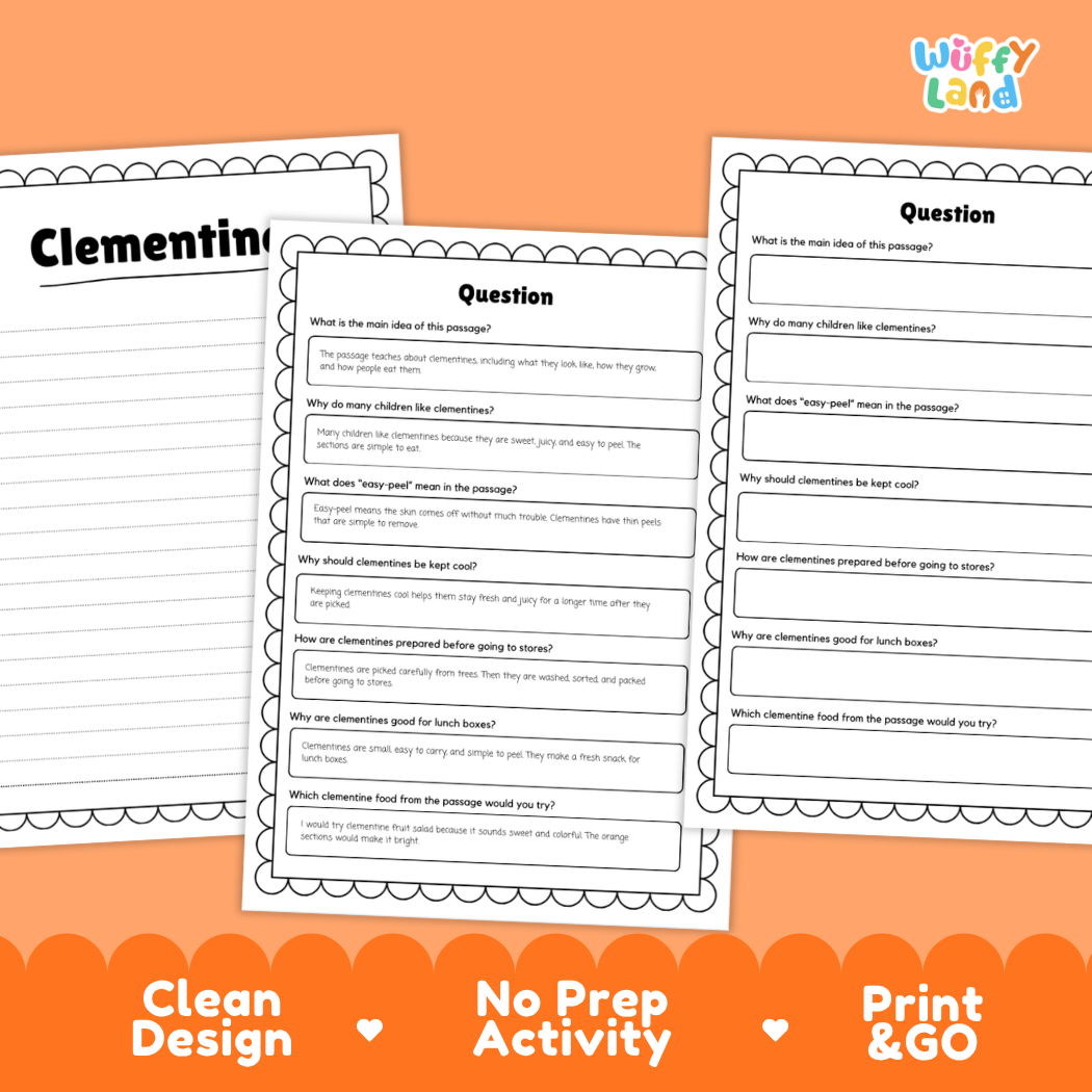 Informational reading passage page detailing clementine citrus fruit tree growth easy peel skin harvesting and recipes with photos