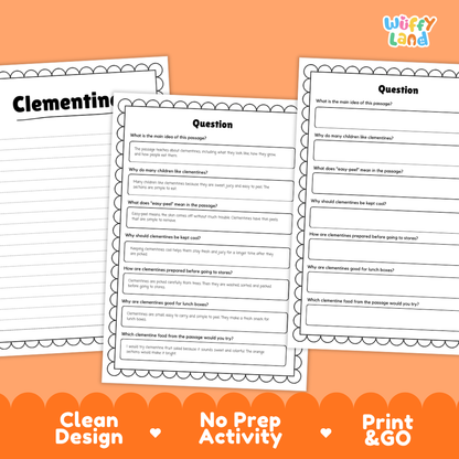 Informational reading passage page detailing clementine citrus fruit tree growth easy peel skin harvesting and recipes with photos