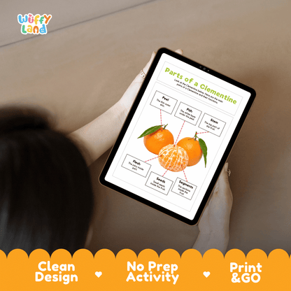 Hands-on cut and paste clementine labeling worksheet featuring dashed cut-out word tiles, pointer lines, and scissors graphic