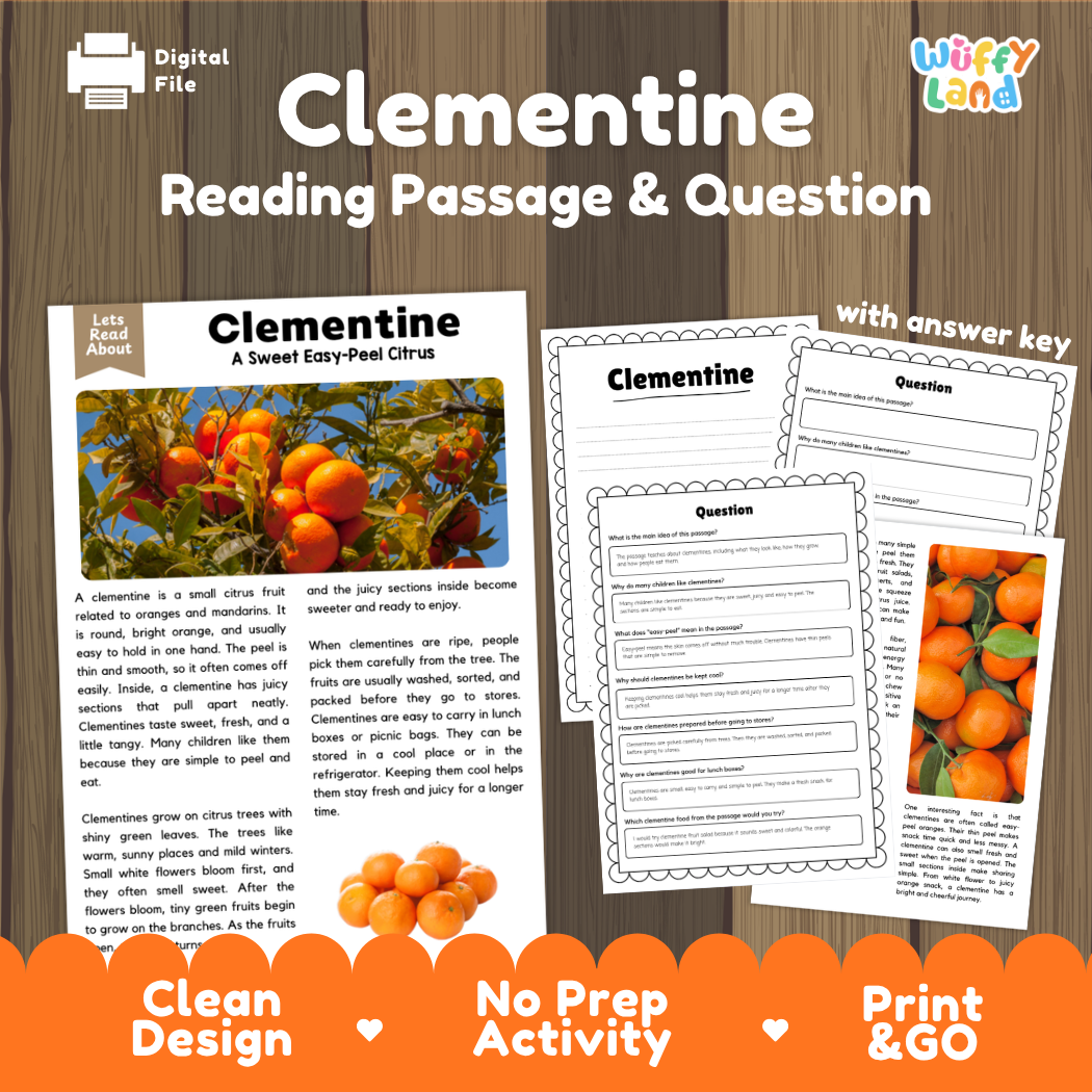 Clementine reading comprehension passage and questions printable activity pack with answer key for elementary students