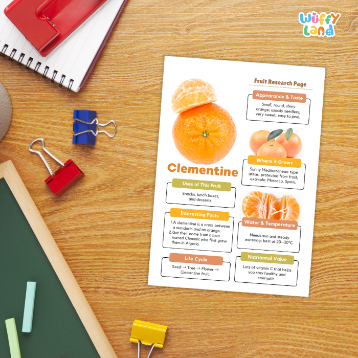 A printed fruit research page about Clementine oranges laid on a wooden desk, surrounded by school supplies including a spiral notebook, binder clips, chalk, and a green board. The page includes labeled sections with fruit photos, facts, and a life cycle diagram.