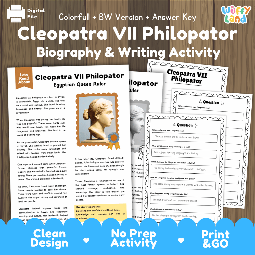 Cleopatra VII Philopator biography and writing activity pack cover featuring reading passage sheets, questions, and answer keys