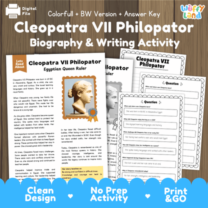 Cleopatra VII Philopator biography and writing activity pack cover featuring reading passage sheets, questions, and answer keys