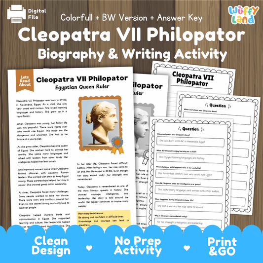 Cleopatra VII Philopator biography and writing activity pack cover featuring reading passage sheets, questions, and answer keys