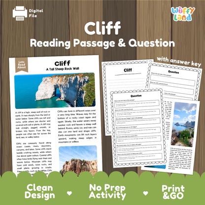 Cliff Reading Passage and Comprehension Questions with Answer Key Worksheets