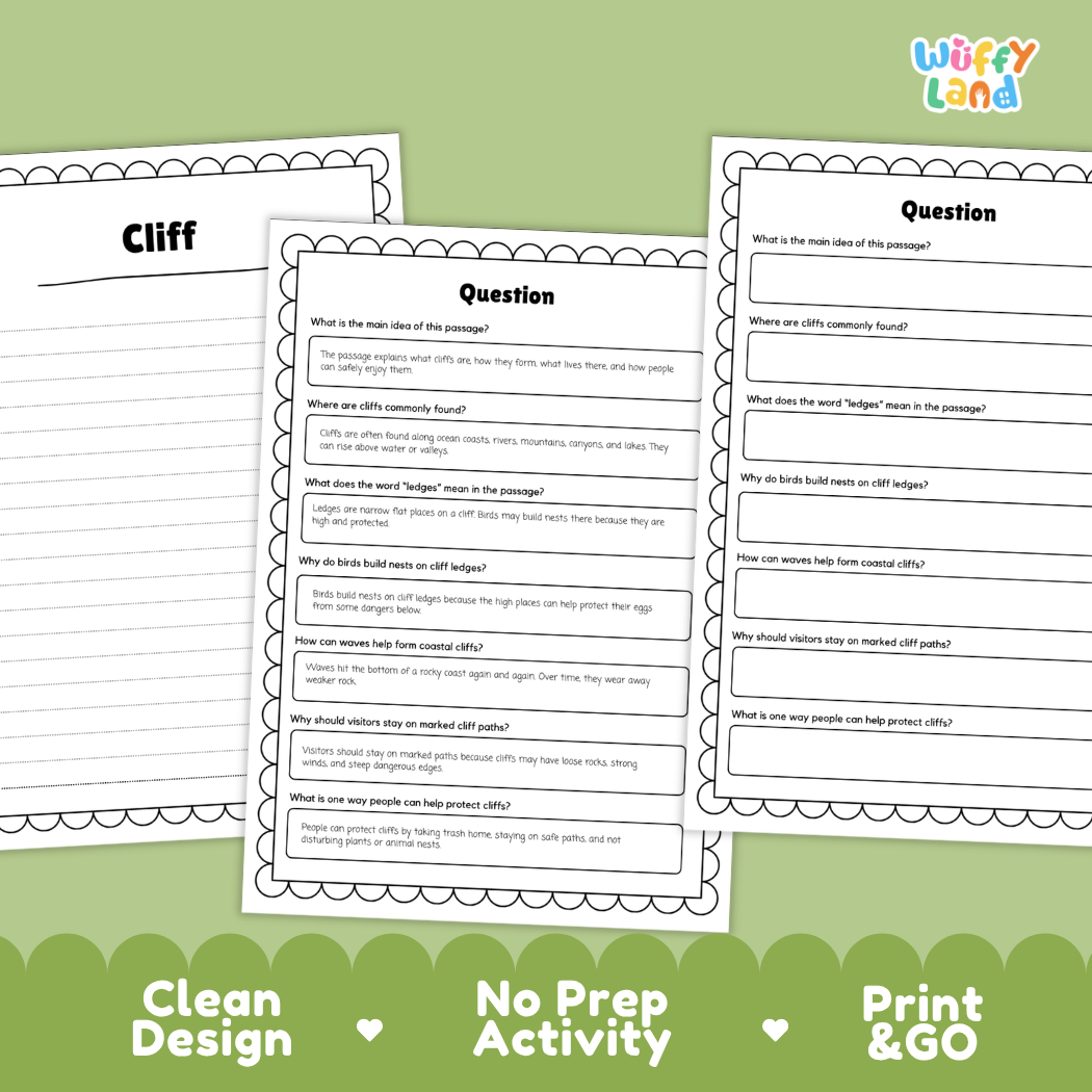 Cliff Reading Passage and Comprehension Questions with Answer Key Worksheets