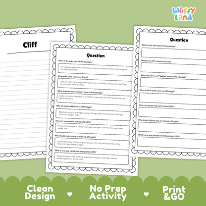 Cliff Reading Passage and Comprehension Questions with Answer Key Worksheets