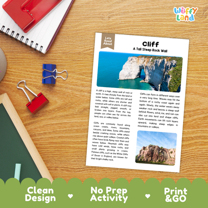 Cliff Reading Passage and Comprehension Questions with Answer Key Worksheets
