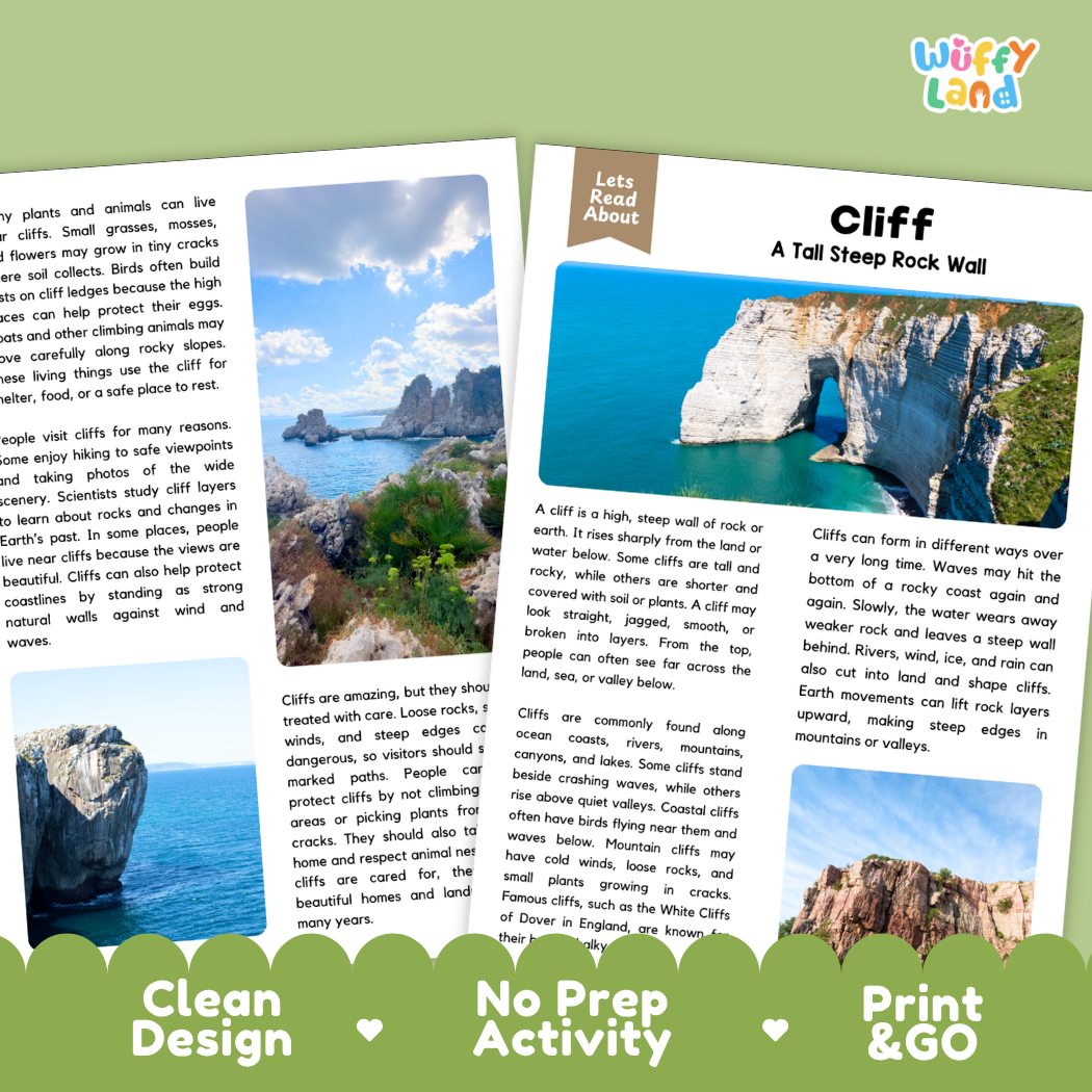 Two printed activity cards for children about cliffs, shown on a white background. One card features a landscape photo of a rocky cliff with blue water, and the other has the title 'Cliff' with text about a tall steep rock wall.