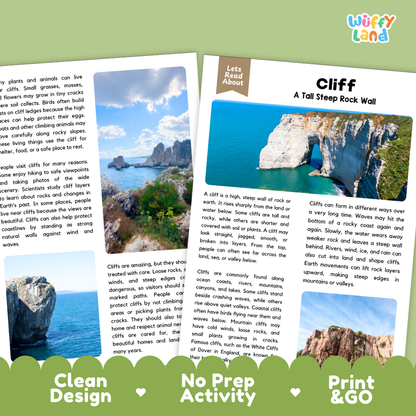 Two printed activity cards for children about cliffs, shown on a white background. One card features a landscape photo of a rocky cliff with blue water, and the other has the title 'Cliff' with text about a tall steep rock wall.