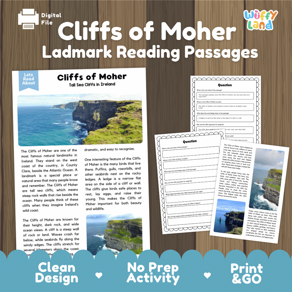 Cliffs of Moher Landmark Reading Passages and Comprehension Worksheets