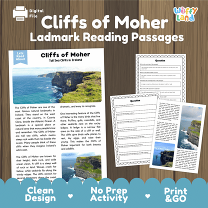 Cliffs of Moher Landmark Reading Passages and Comprehension Worksheets