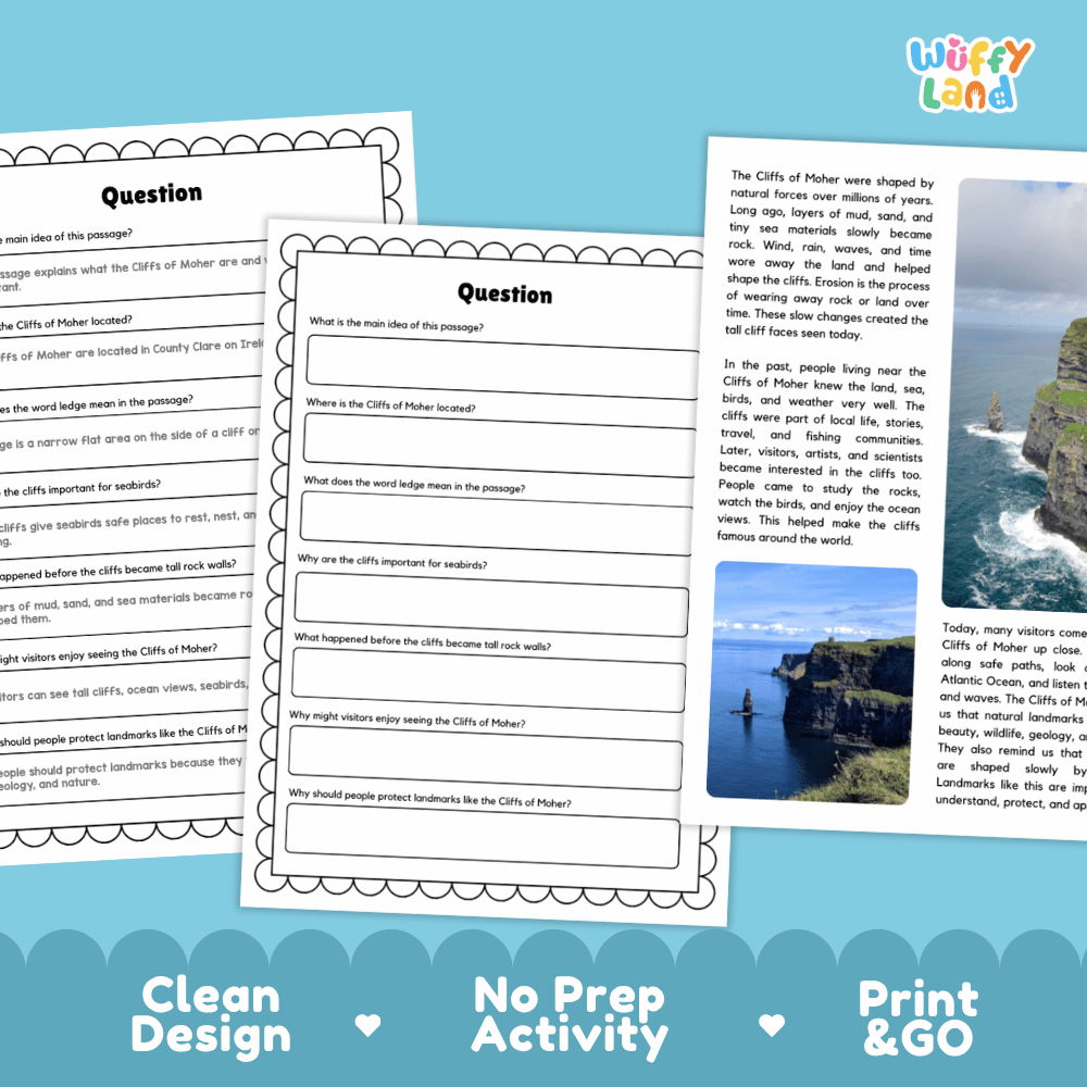 Cliffs of Moher Landmark Reading Passages and Comprehension Worksheets