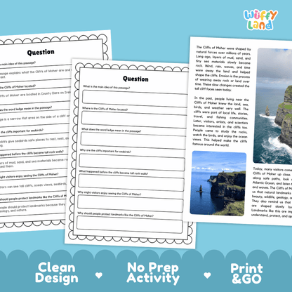 Cliffs of Moher Landmark Reading Passages and Comprehension Worksheets