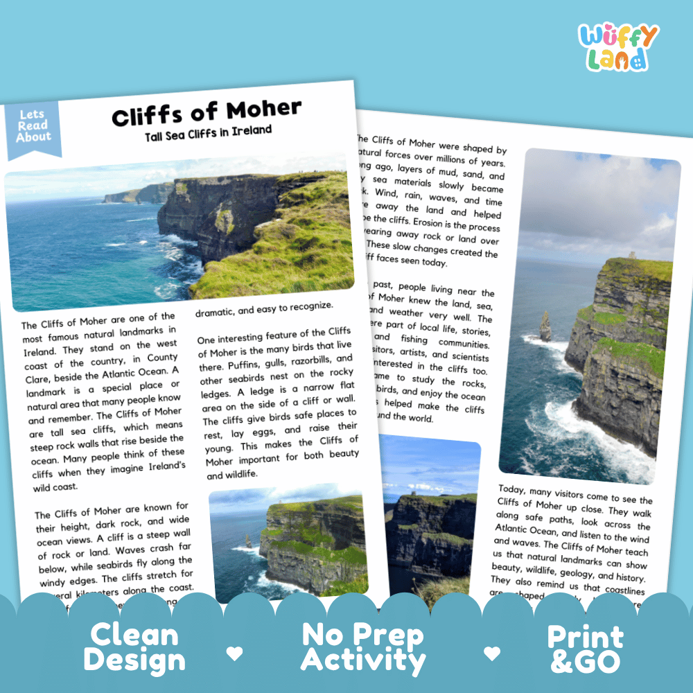 Cliffs of Moher Landmark Reading Passages and Comprehension Worksheets