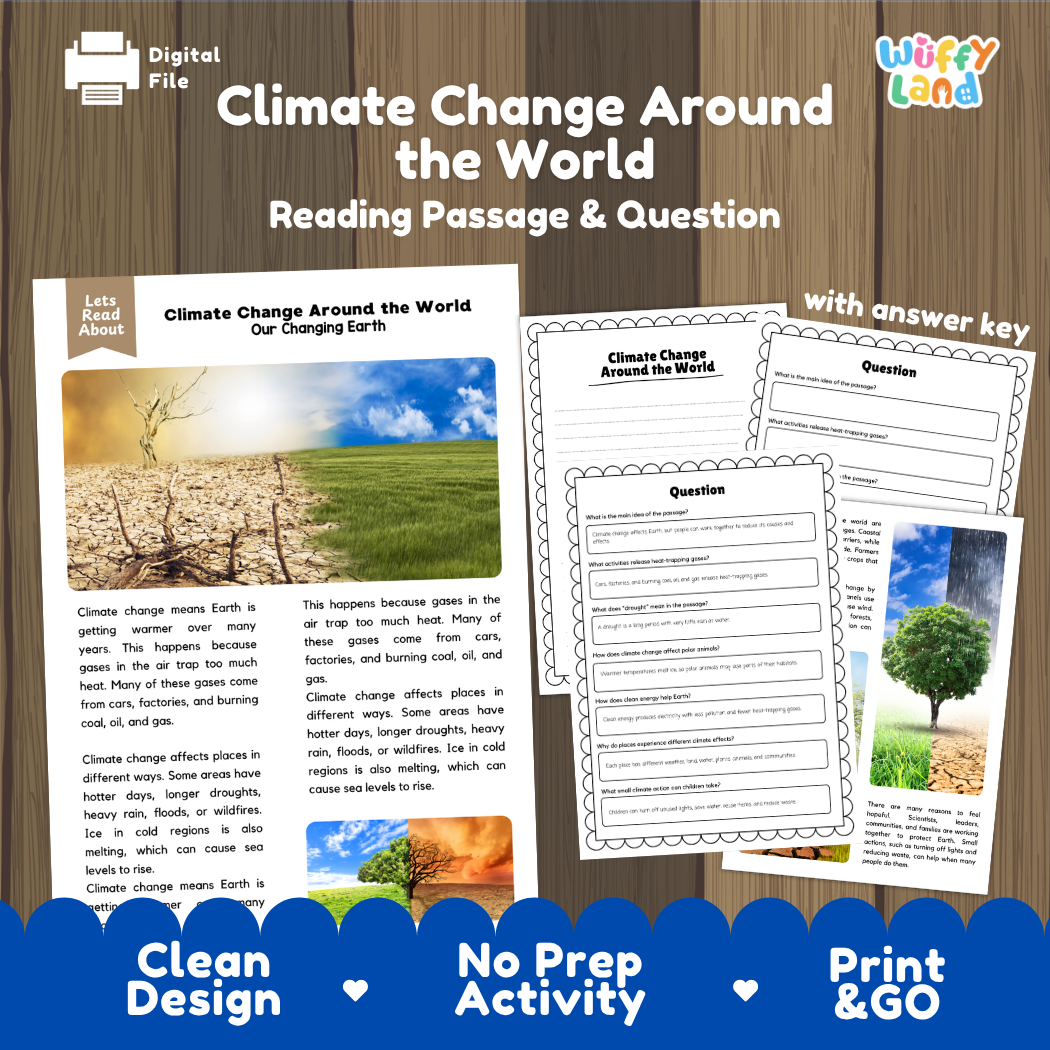 Climate Change Around the World reading comprehension passage and questions printable activity pack with answer key for elementary students