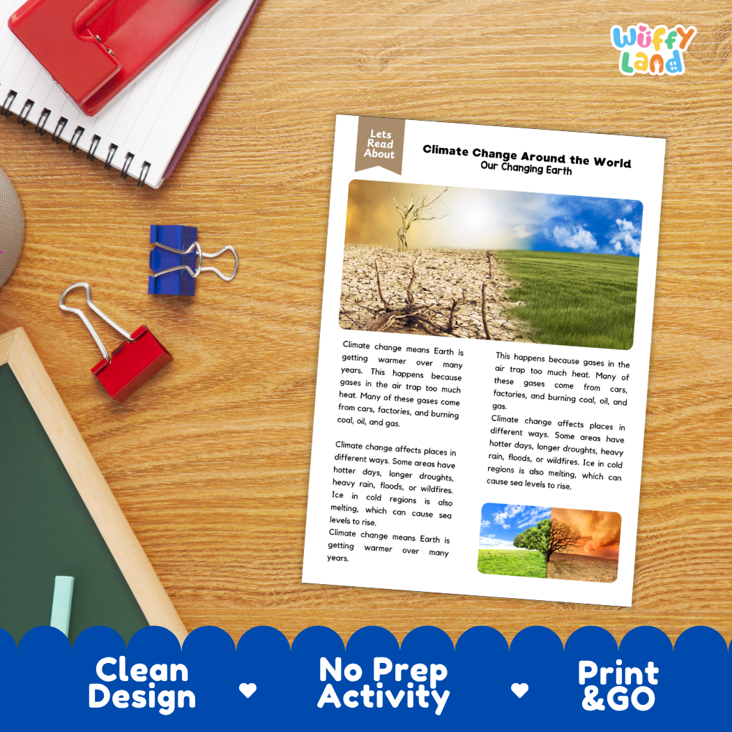Student reading comprehension worksheet with short-answer questions and lined sections about climate change around the world