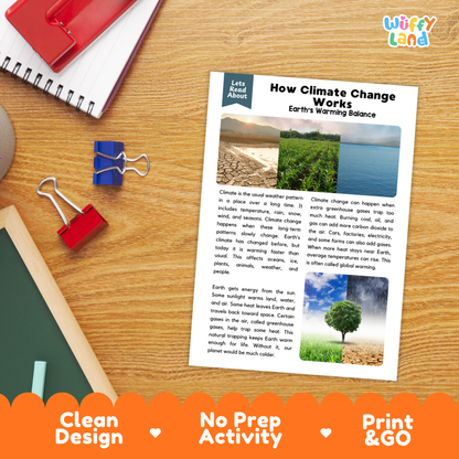 Printable student worksheet with short-answer reading comprehension questions covering climate change and environmental science