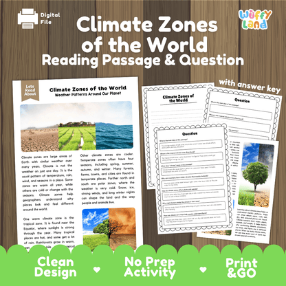 Climate zones of the world reading comprehension passage and questions printable activity pack with answer key for elementary students