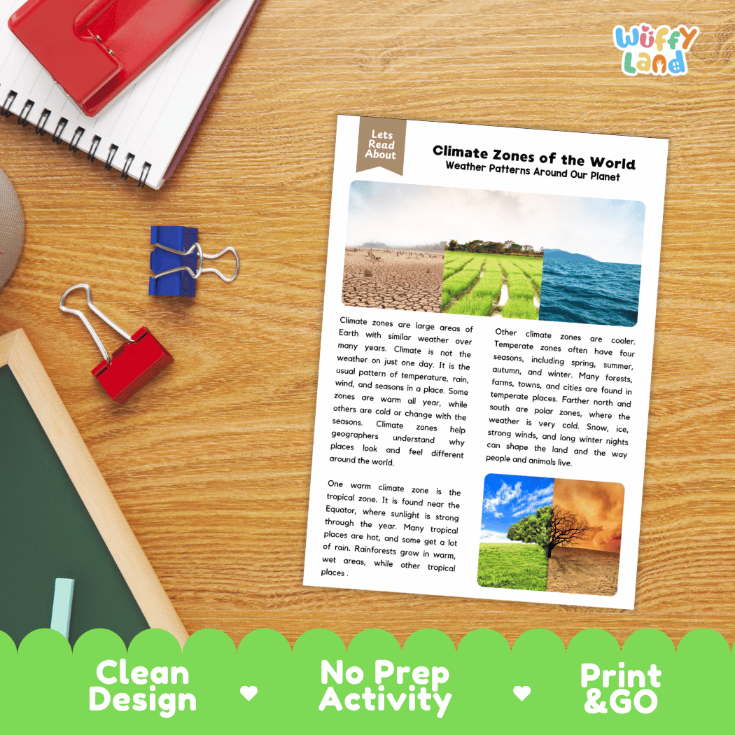 Student reading comprehension worksheet with short-answer questions and lined sections about global climate zones