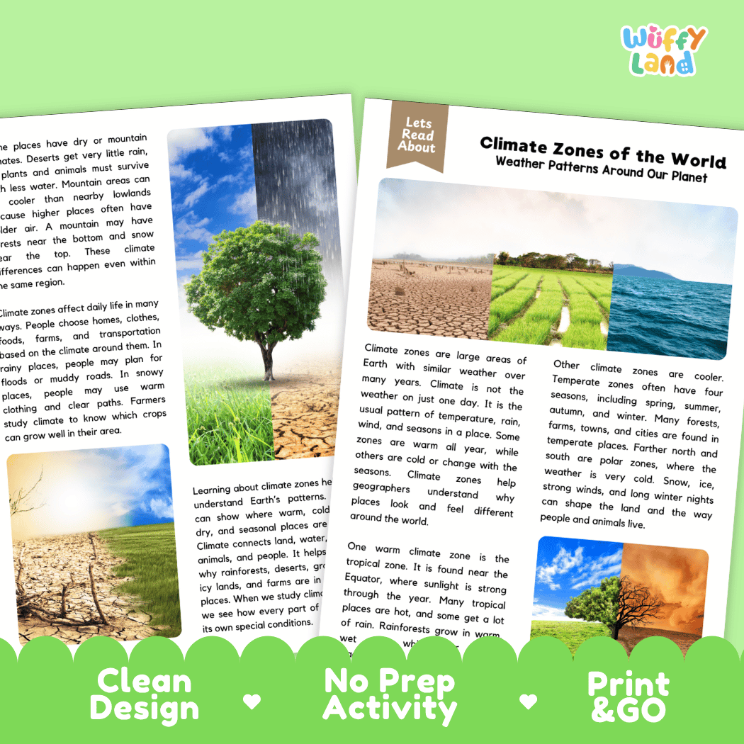 Teacher answer key page showing complete question solutions for climate zones of the world reading comprehension practice