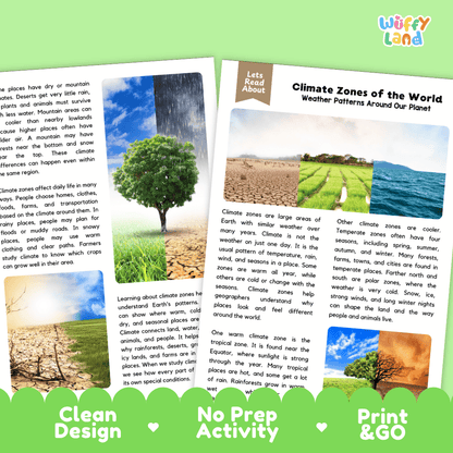 Teacher answer key page showing complete question solutions for climate zones of the world reading comprehension practice