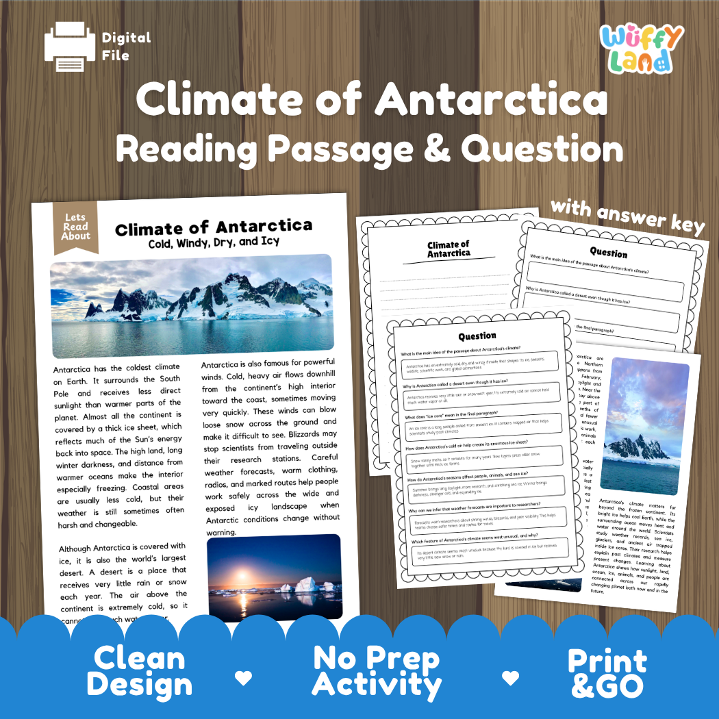 Climate of Antarctica reading comprehension passage and questions printable activity pack with answer key for elementary students