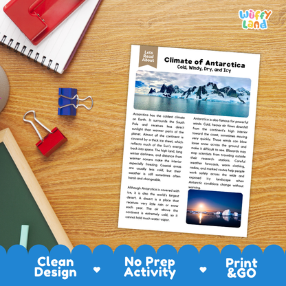 Student reading comprehension worksheet with short-answer questions and lined sections about Antarctica climate