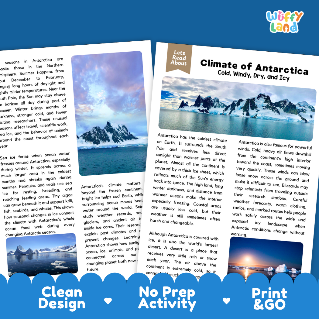 Teacher answer key page showing complete question solutions for Climate of Antarctica science reading comprehension practice