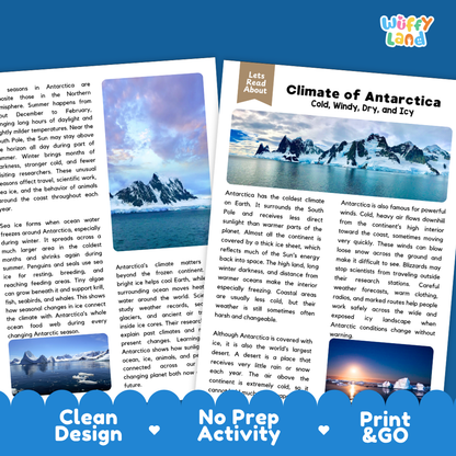 Teacher answer key page showing complete question solutions for Climate of Antarctica science reading comprehension practice