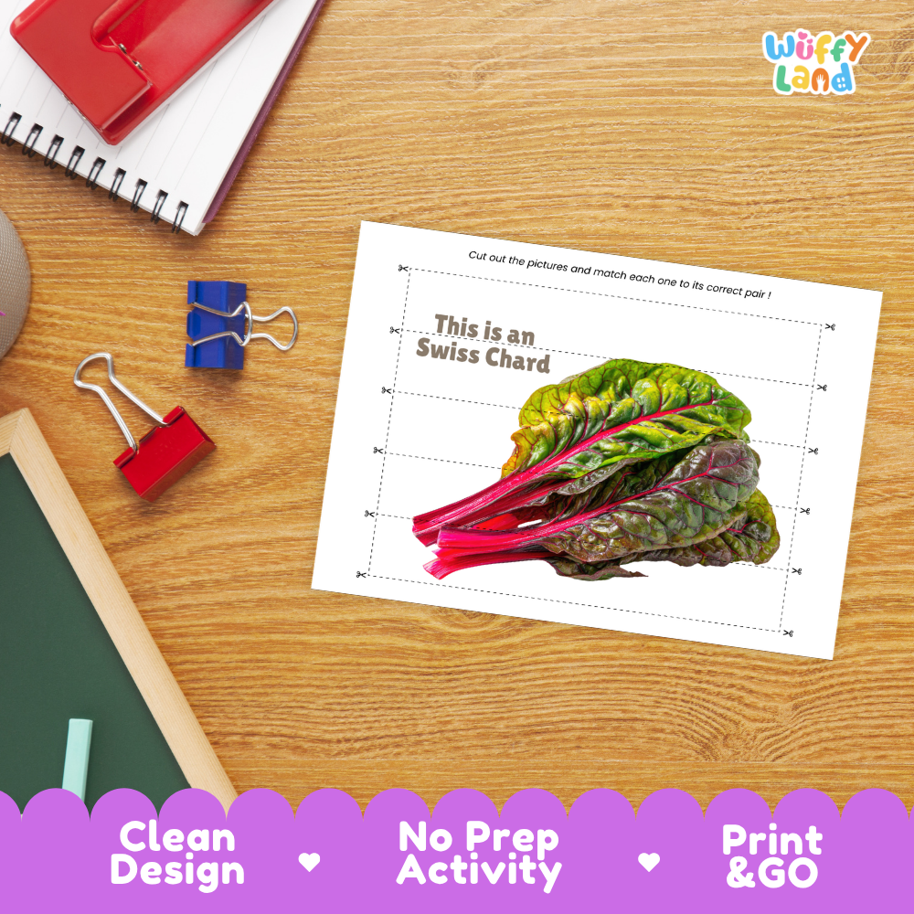 Close-up of puzzle worksheet showing Swiss chard images and dotted scissor lines