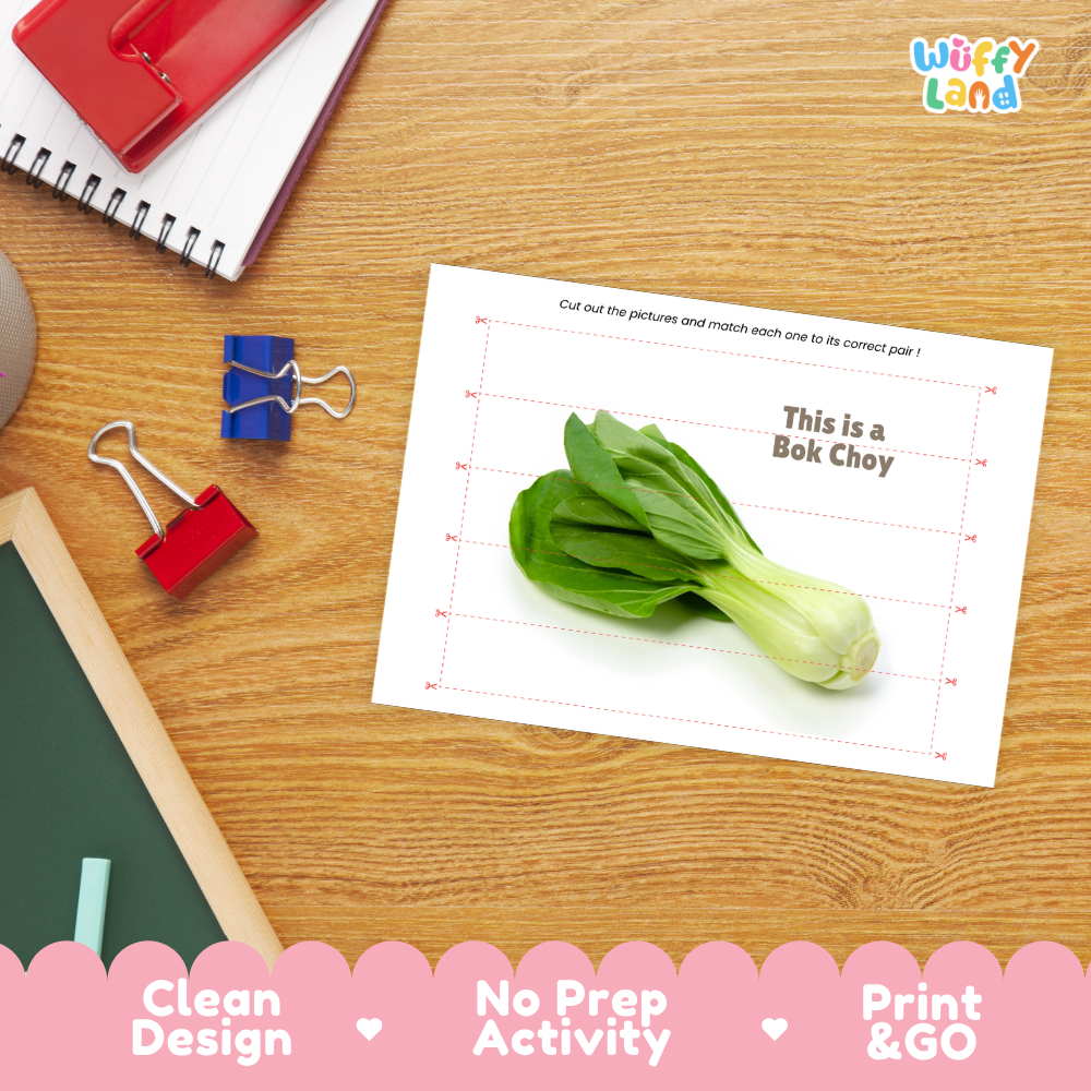Close-up of puzzle worksheet showing bok choy images and dotted scissor lines