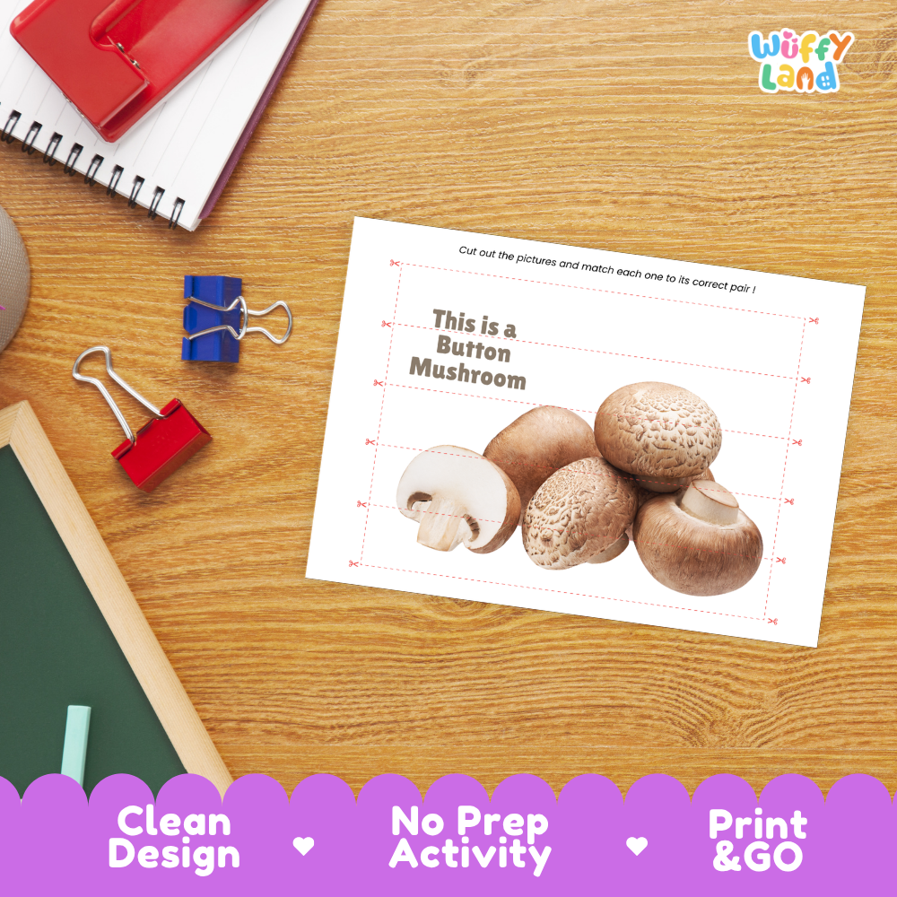Close-up of puzzle worksheet showing button mushroom images and dotted scissor lines