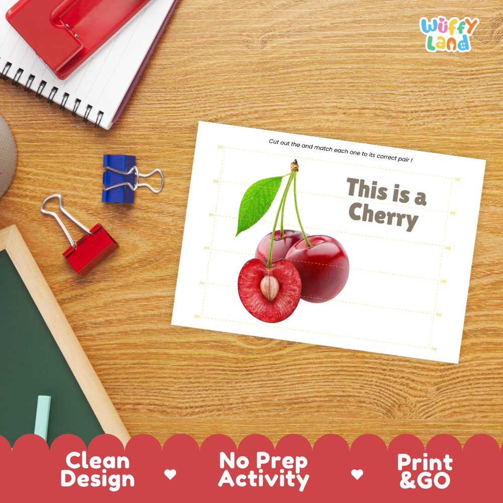 Close-up of puzzle worksheet showing cherry images and dotted scissor lines