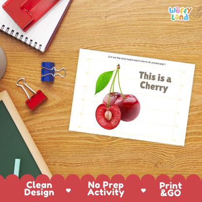 Close-up of puzzle worksheet showing cherry images and dotted scissor lines