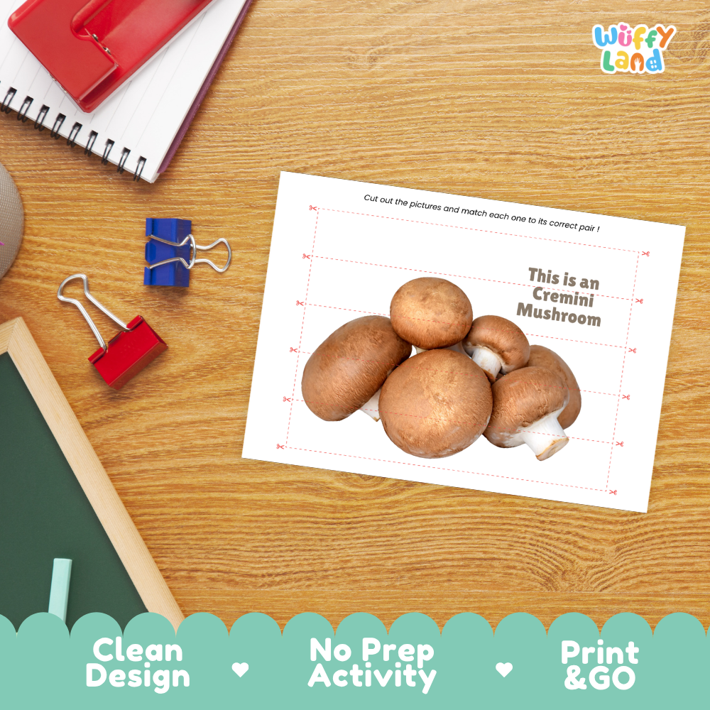 Close-up of puzzle worksheet showing cremini mushroom images and dotted scissor lines