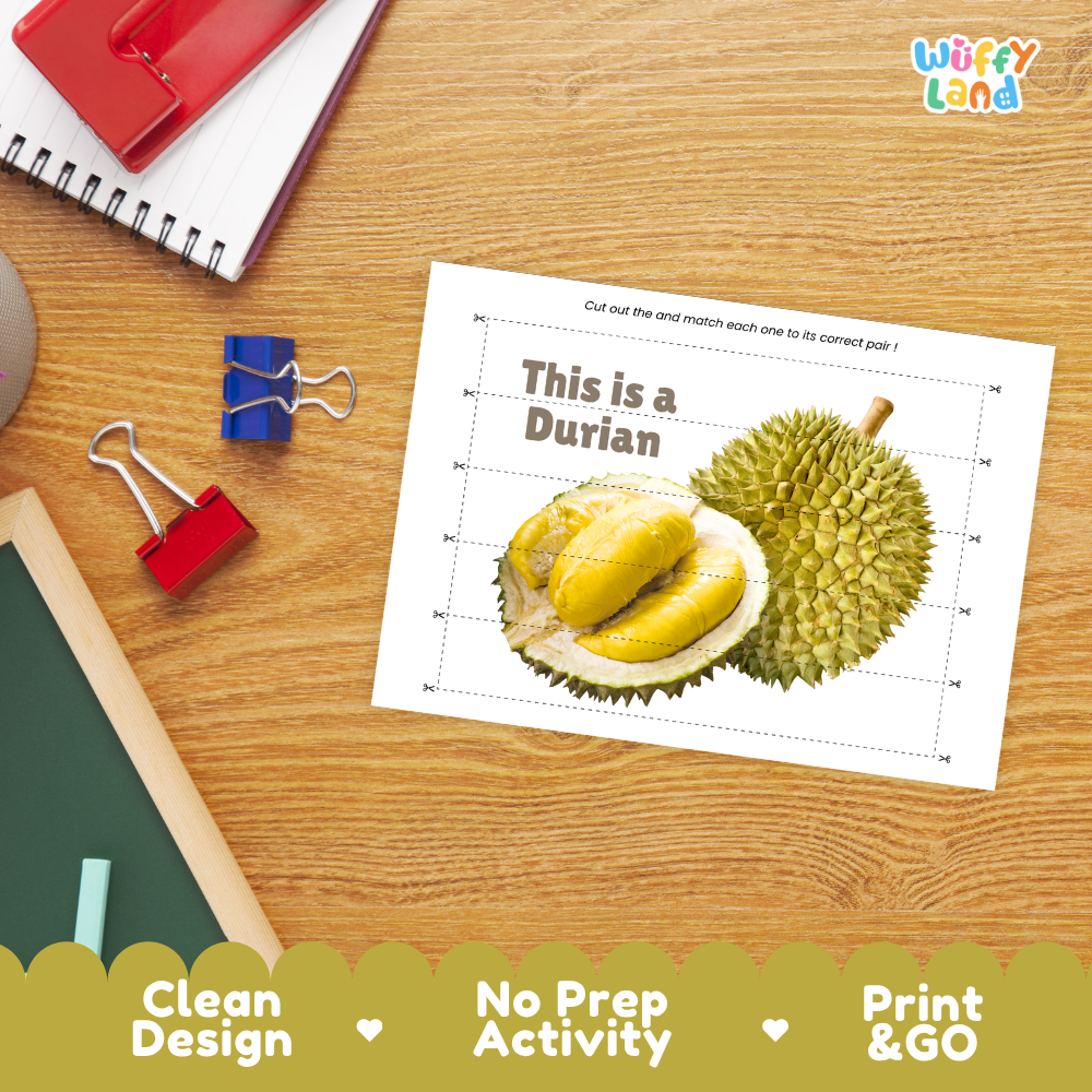 Close-up of puzzle worksheet showing durian images and dotted scissor lines