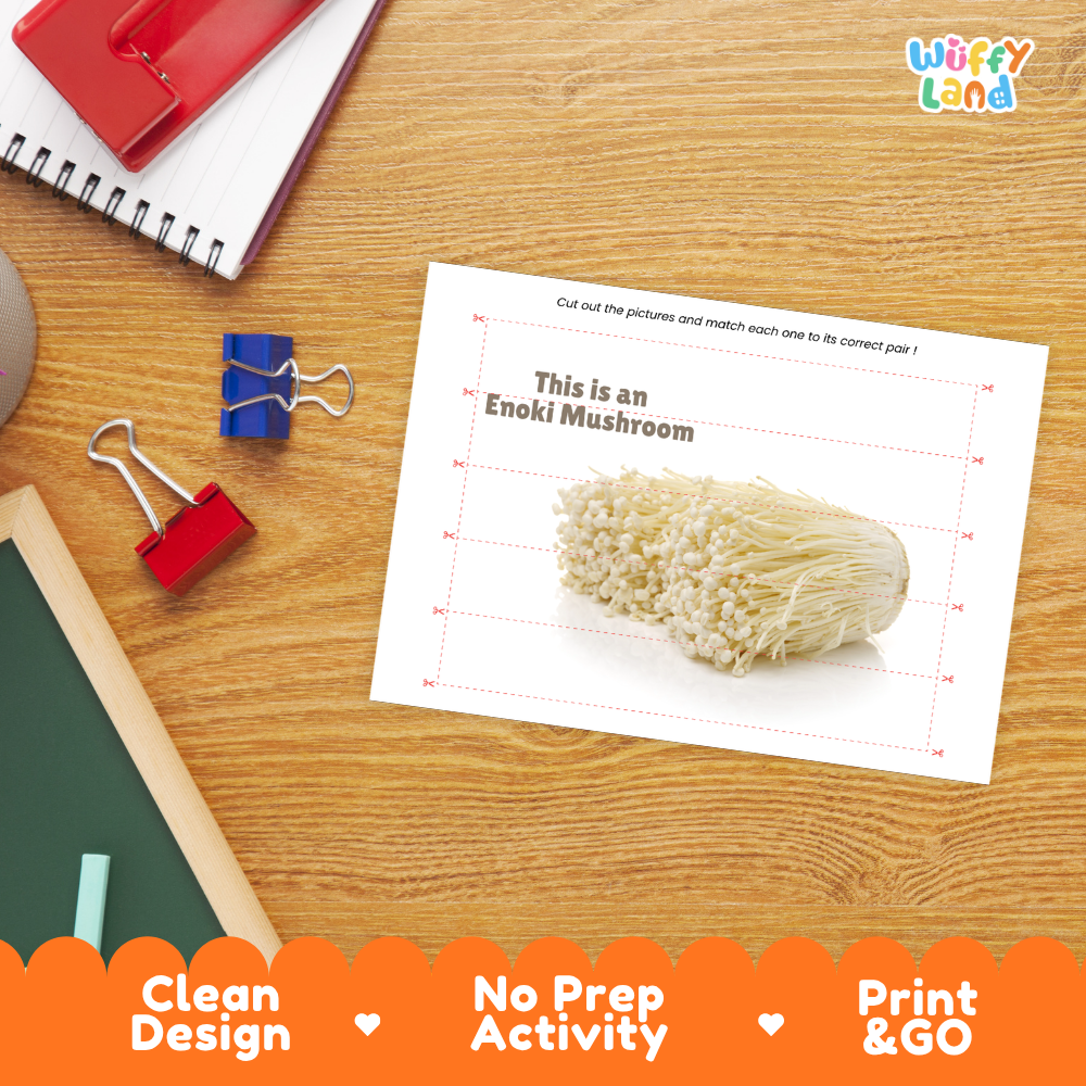 Close-up of puzzle worksheet showing enoki mushroom images and dotted scissor lines