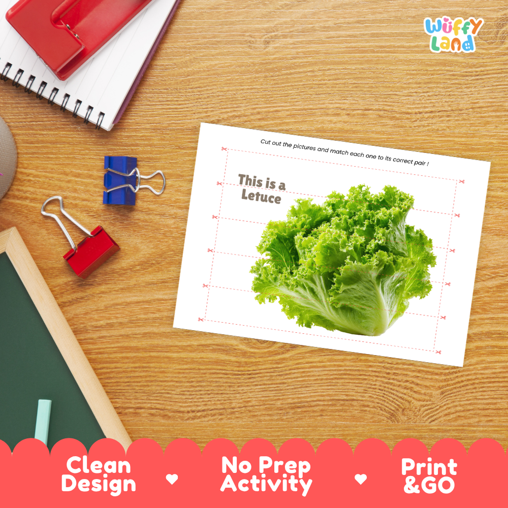 Close-up of puzzle worksheet showing lettuce images and dotted scissor lines