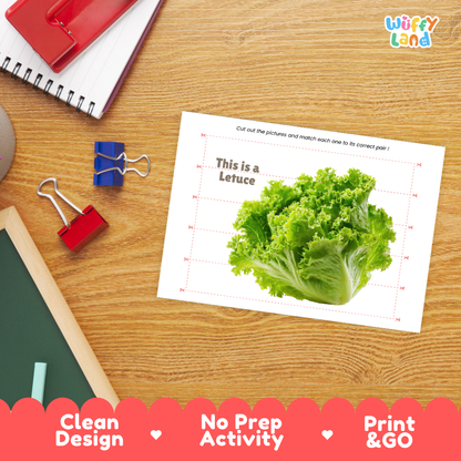 Close-up of puzzle worksheet showing lettuce images and dotted scissor lines