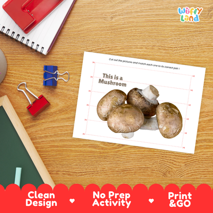Close-up of puzzle worksheet showing mushroom images and dotted scissor lines